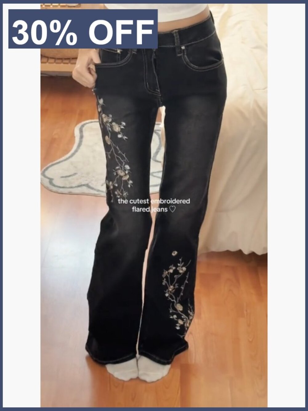 Women Bell Bottom Jeans Stretchy Flare Mid Rise Embroidery Vintage Denim 90s Y2k - Picture 7 of 7